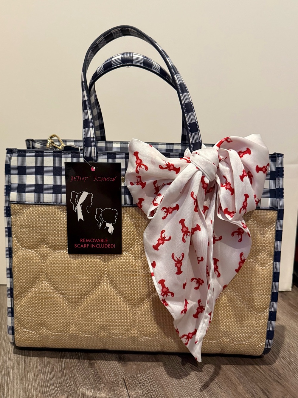 VIRAL!! Betsey Johnson Navy Gingham & Heart Tote with Red Lobster Scarf- NWT - Picture 1 of 6